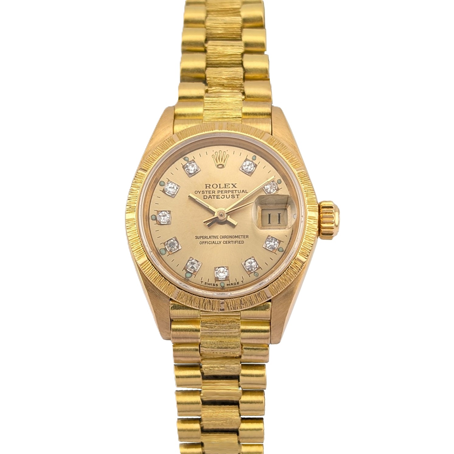 Rolex 69278 Lady-Datejust 18k Gold Bark President Champagne Diamond Dial 26mm 1987