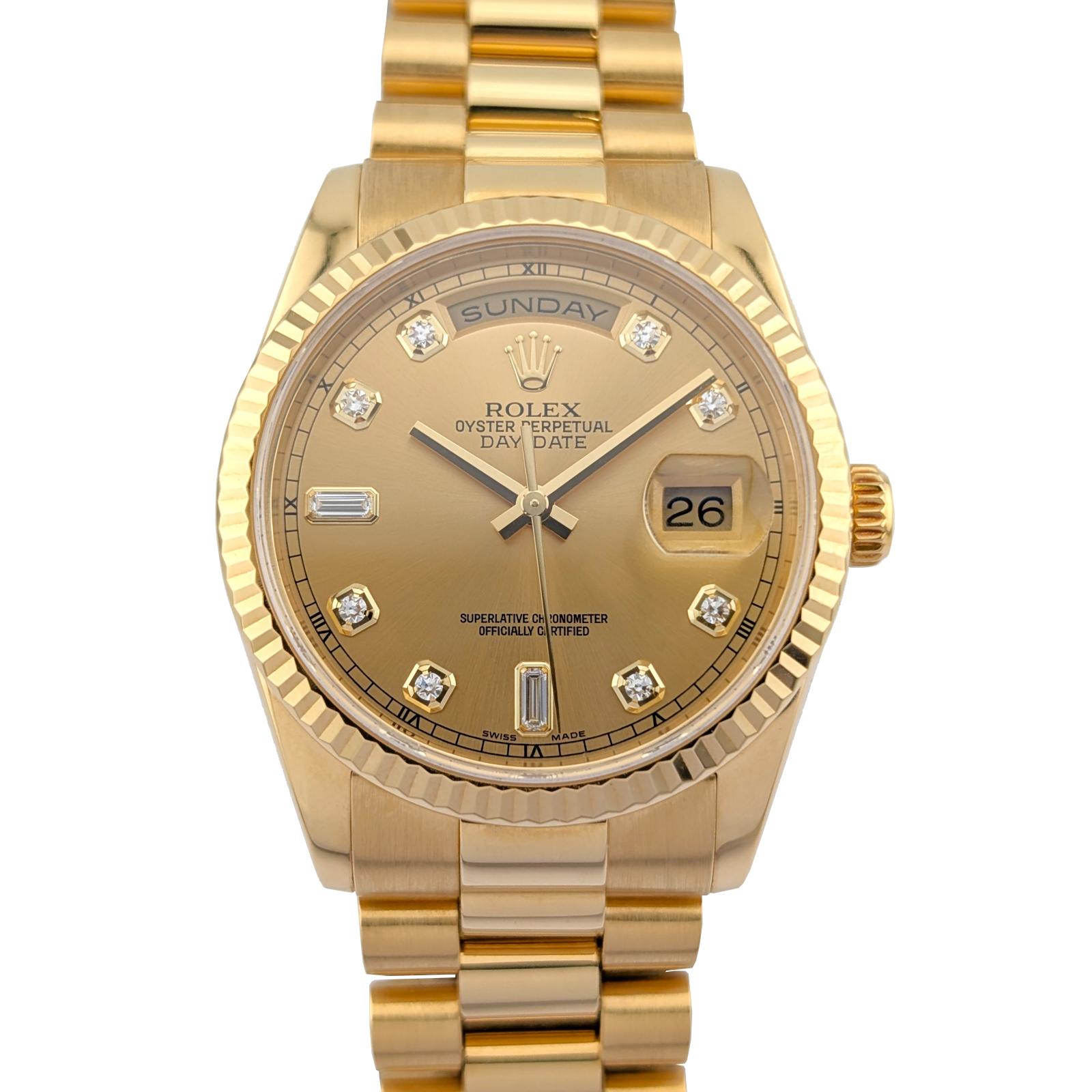 Rolex 118238 Day-Date President 18k Yellow Gold Diamond Dial 36mm 2005 Box COA