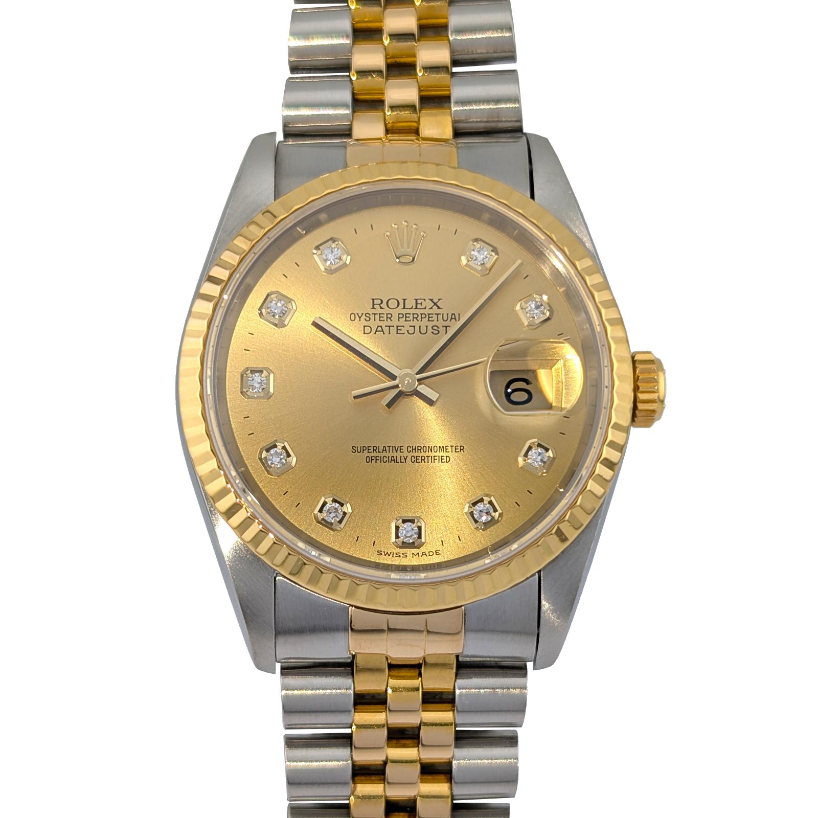 Rolex 16233G Datejust Champagne Big Diamond Dial 36mm 1995 Box Papers S-Serial